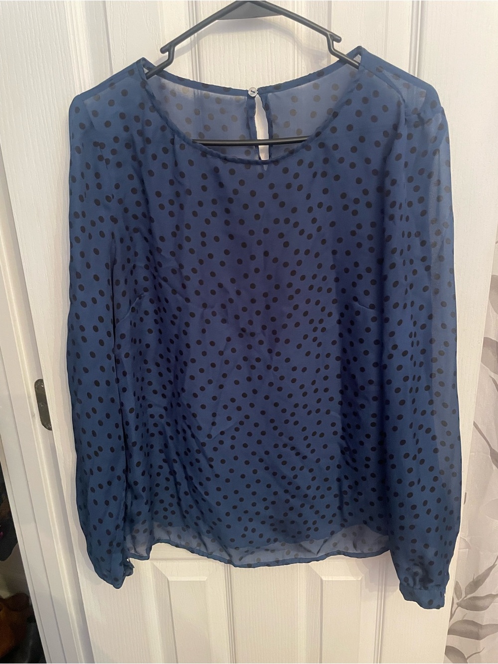 Navy Polka Dot Long-Sleeve Chiffon Blouse